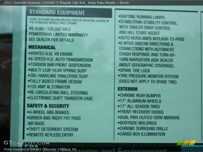  2013 Silverado 2500HD LT Regular Cab 4x4 Window Sticker