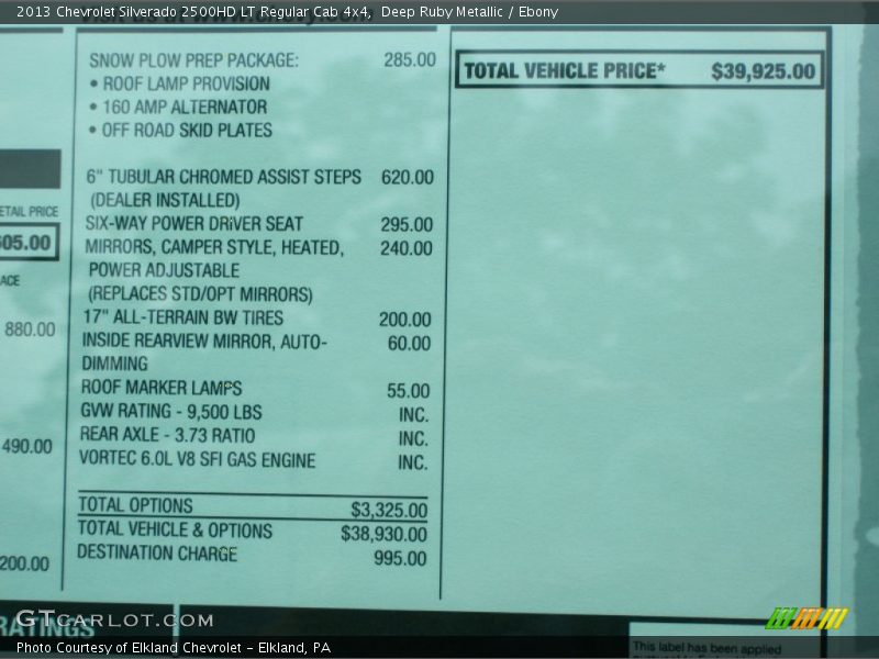  2013 Silverado 2500HD LT Regular Cab 4x4 Window Sticker