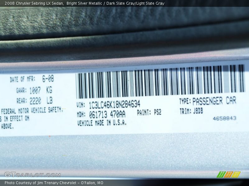 Bright Silver Metallic / Dark Slate Gray/Light Slate Gray 2008 Chrysler Sebring LX Sedan