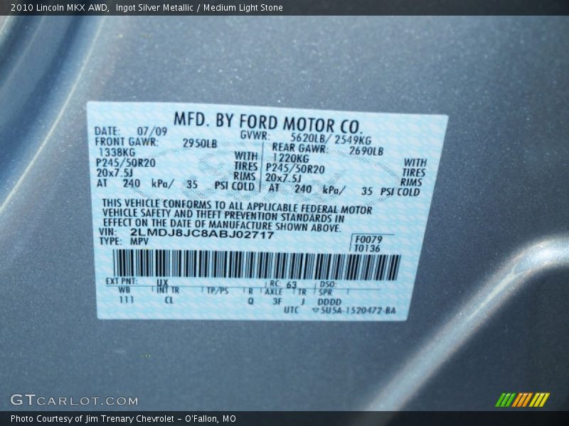 2010 MKX AWD Ingot Silver Metallic Color Code UX
