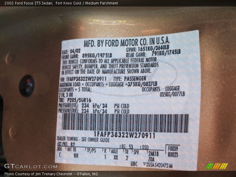 2002 Focus ZTS Sedan Fort Knox Gold Color Code B2