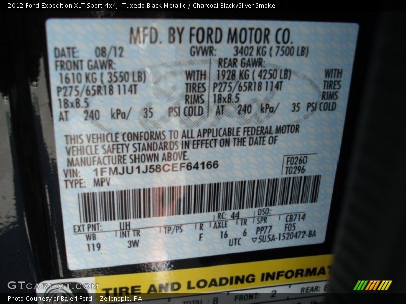 Tuxedo Black Metallic / Charcoal Black/Silver Smoke 2012 Ford Expedition XLT Sport 4x4