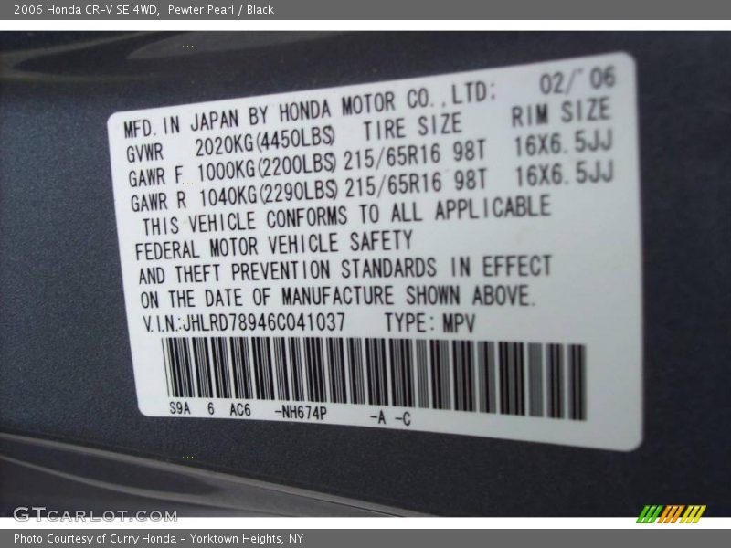 Pewter Pearl / Black 2006 Honda CR-V SE 4WD