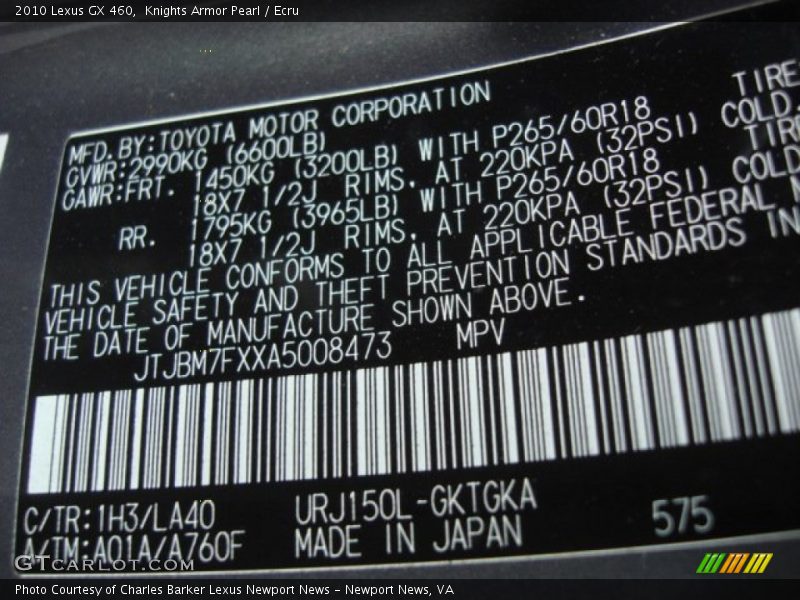 2010 GX 460 Knights Armor Pearl Color Code 1H3