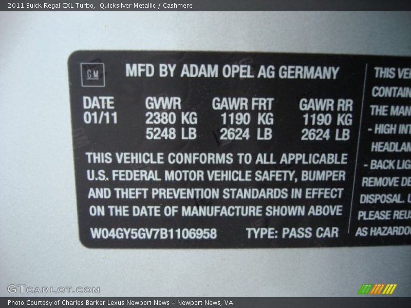 Info Tag of 2011 Regal CXL Turbo