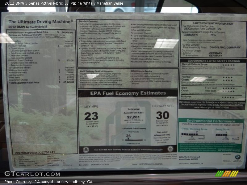  2012 5 Series ActiveHybrid 5 Window Sticker