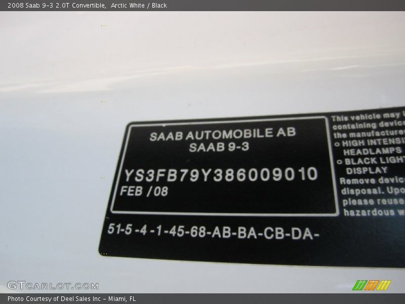 Arctic White / Black 2008 Saab 9-3 2.0T Convertible