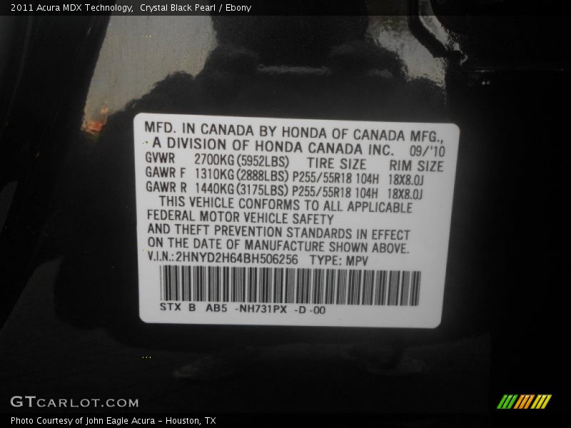 Crystal Black Pearl / Ebony 2011 Acura MDX Technology