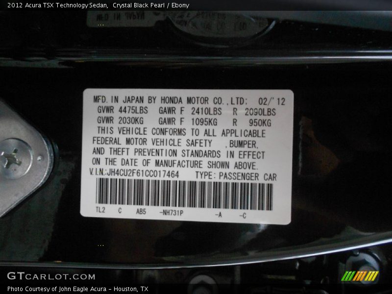 Crystal Black Pearl / Ebony 2012 Acura TSX Technology Sedan