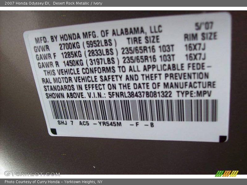 Desert Rock Metallic / Ivory 2007 Honda Odyssey EX