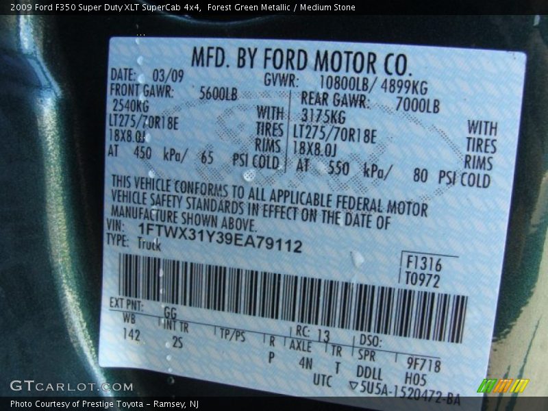 2009 F350 Super Duty XLT SuperCab 4x4 Forest Green Metallic Color Code GG