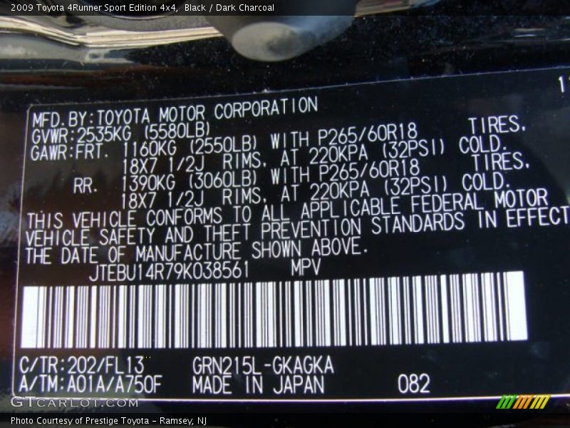 Black / Dark Charcoal 2009 Toyota 4Runner Sport Edition 4x4