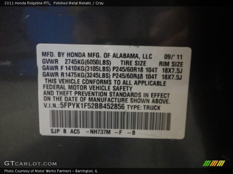 Polished Metal Metallic / Gray 2011 Honda Ridgeline RTL