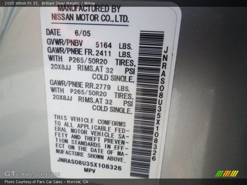 Brilliant Silver Metallic / Willow 2005 Infiniti FX 35
