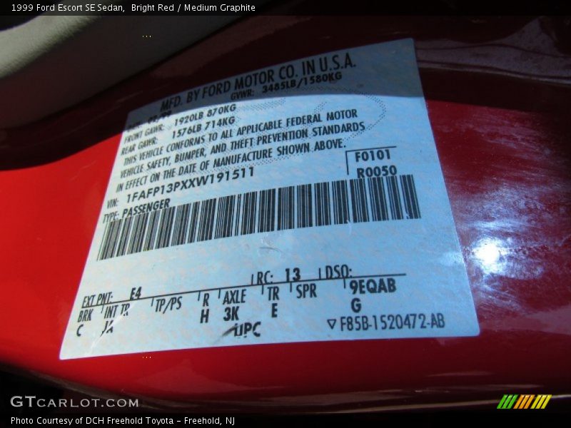 Bright Red / Medium Graphite 1999 Ford Escort SE Sedan