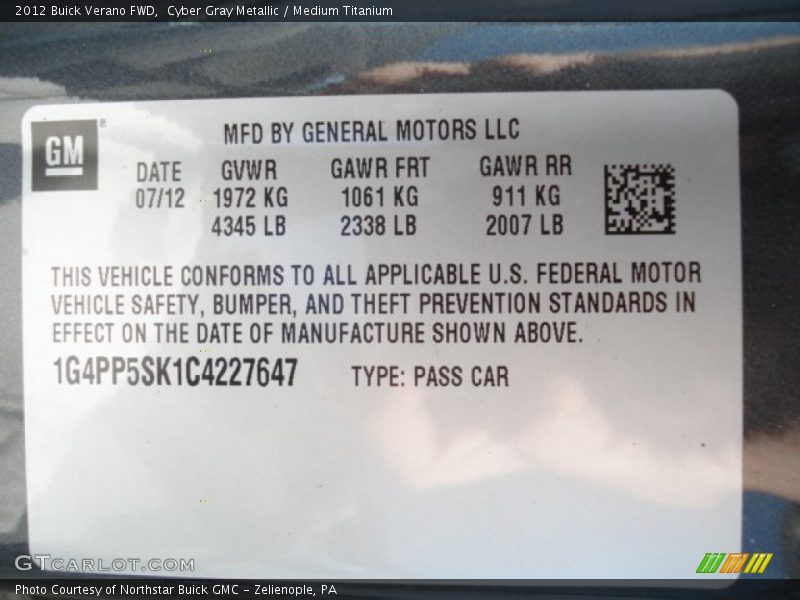 Cyber Gray Metallic / Medium Titanium 2012 Buick Verano FWD