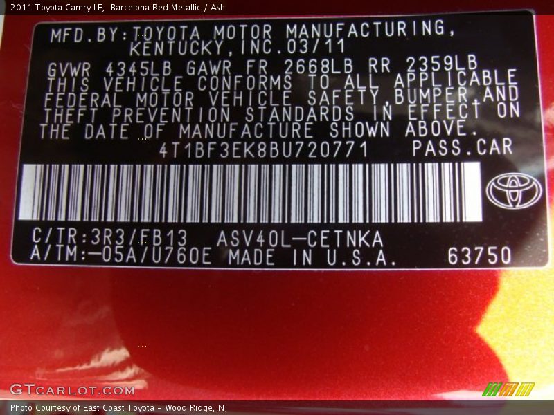 Barcelona Red Metallic / Ash 2011 Toyota Camry LE