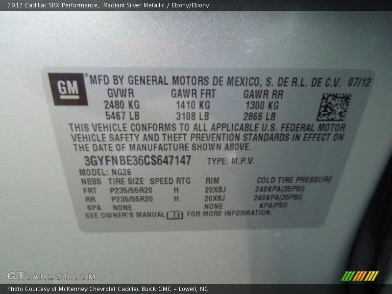 Radiant Silver Metallic / Ebony/Ebony 2012 Cadillac SRX Performance