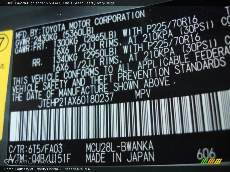 Oasis Green Pearl / Ivory Beige 2006 Toyota Highlander V6 4WD