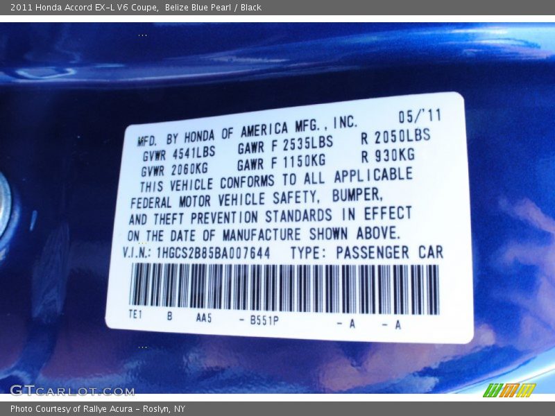 2011 Accord EX-L V6 Coupe Belize Blue Pearl Color Code B551P