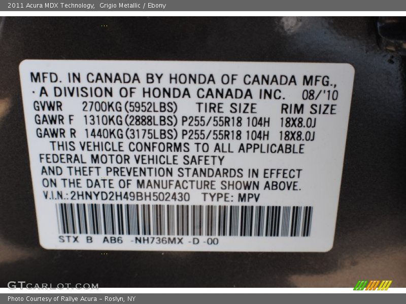 Grigio Metallic / Ebony 2011 Acura MDX Technology