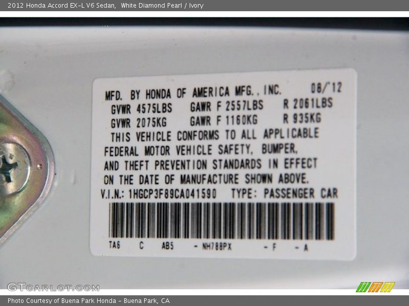 White Diamond Pearl / Ivory 2012 Honda Accord EX-L V6 Sedan