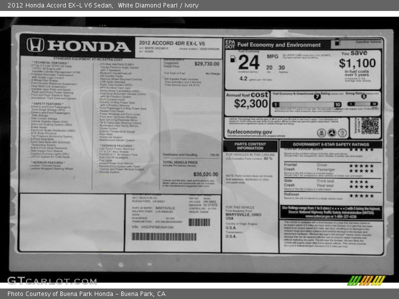 White Diamond Pearl / Ivory 2012 Honda Accord EX-L V6 Sedan