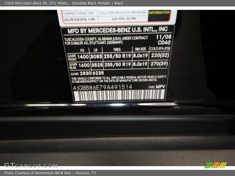 Obsidian Black Metallic / Black 2009 Mercedes-Benz ML 350 4Matic