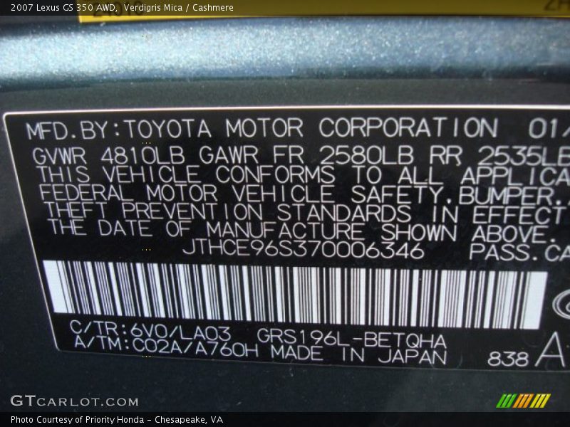 2007 GS 350 AWD Verdigris Mica Color Code 6V0