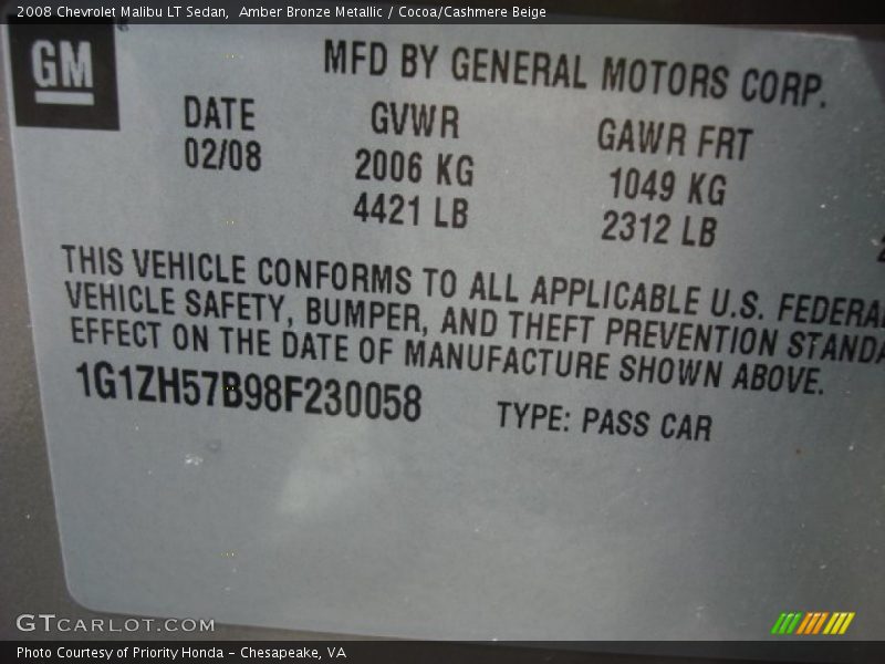 Amber Bronze Metallic / Cocoa/Cashmere Beige 2008 Chevrolet Malibu LT Sedan