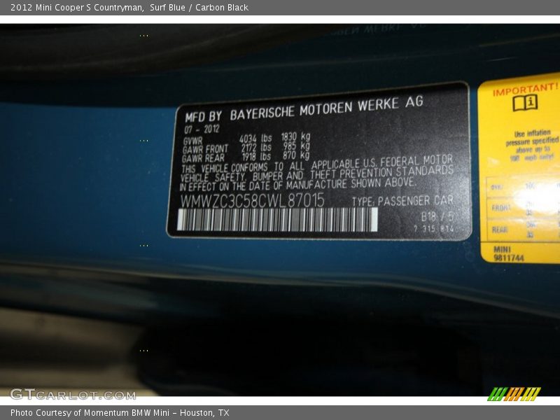 2012 Cooper S Countryman Surf Blue Color Code B18