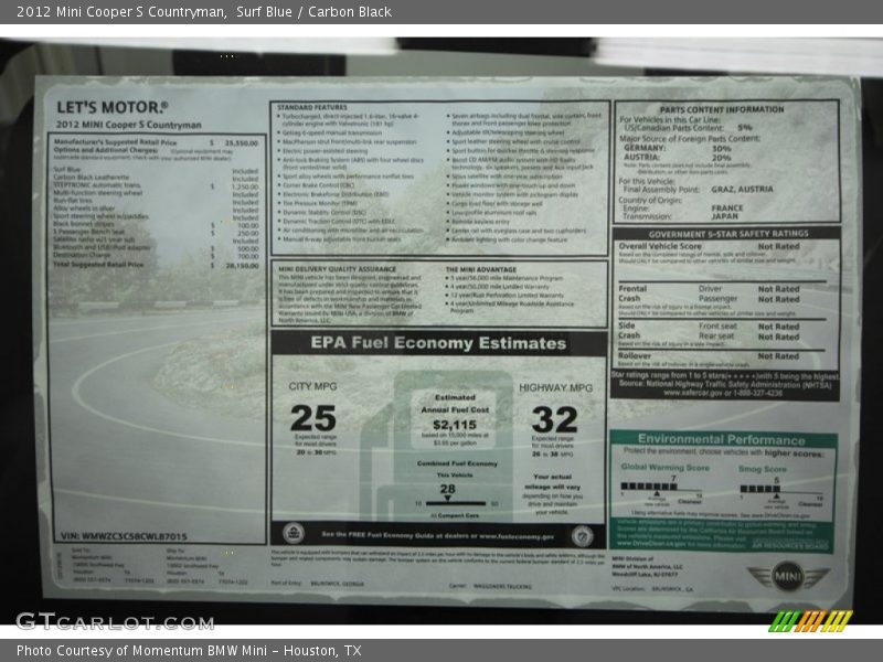  2012 Cooper S Countryman Window Sticker