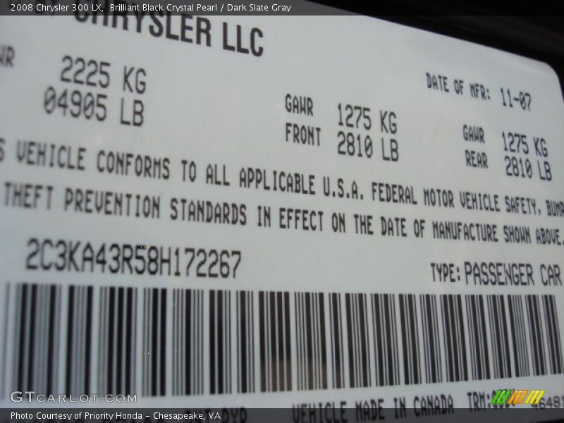 Brilliant Black Crystal Pearl / Dark Slate Gray 2008 Chrysler 300 LX