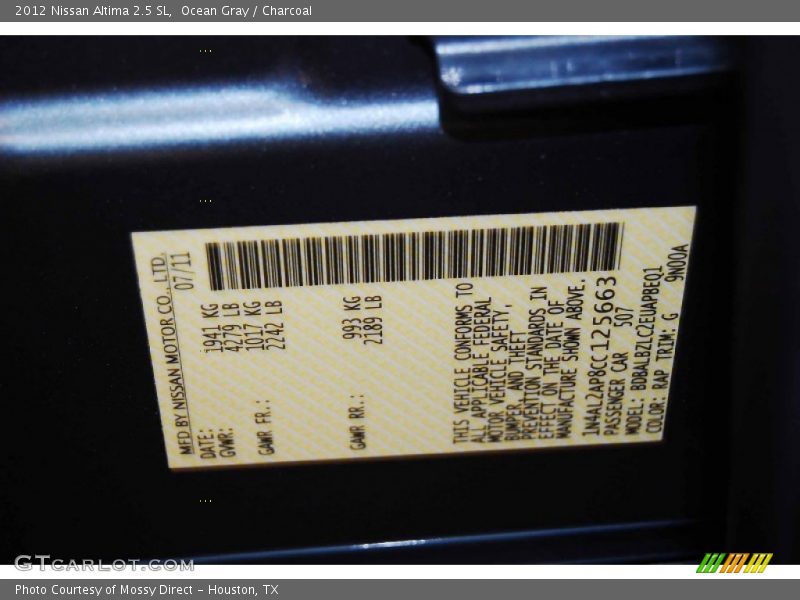 Ocean Gray / Charcoal 2012 Nissan Altima 2.5 SL