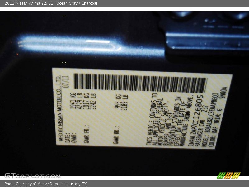 Ocean Gray / Charcoal 2012 Nissan Altima 2.5 SL