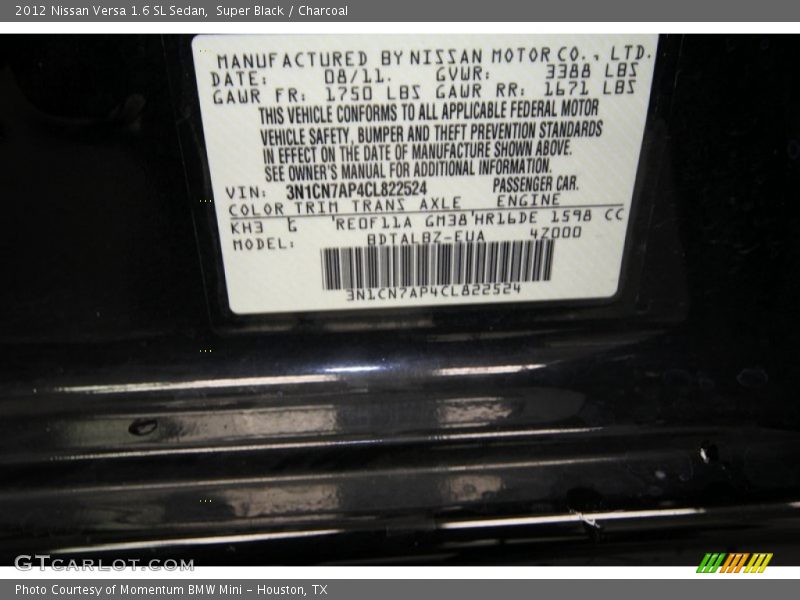 Super Black / Charcoal 2012 Nissan Versa 1.6 SL Sedan