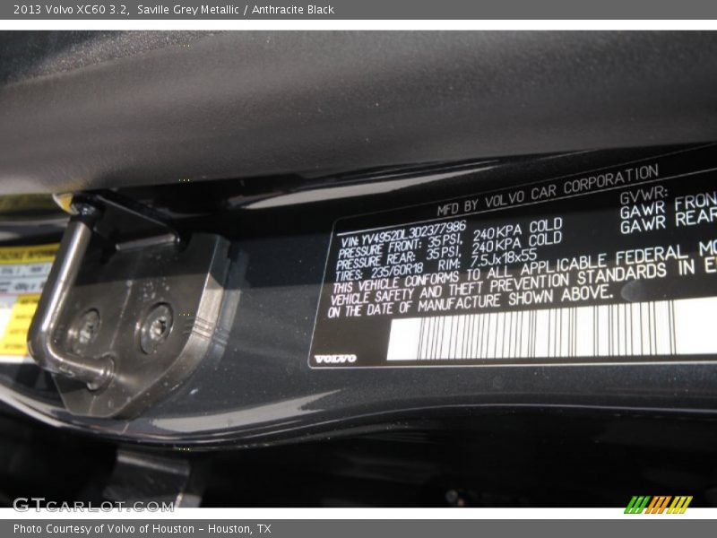 Saville Grey Metallic / Anthracite Black 2013 Volvo XC60 3.2