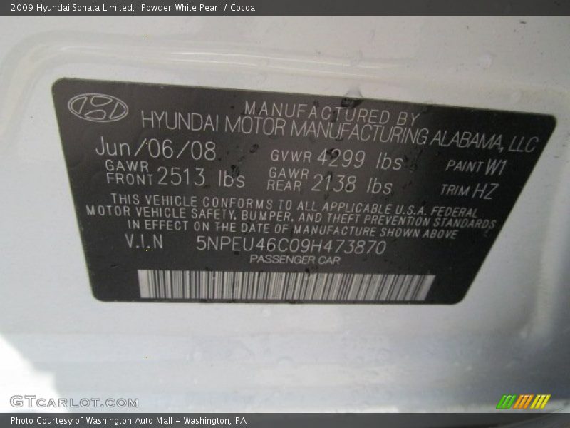 2009 Sonata Limited Powder White Pearl Color Code W1