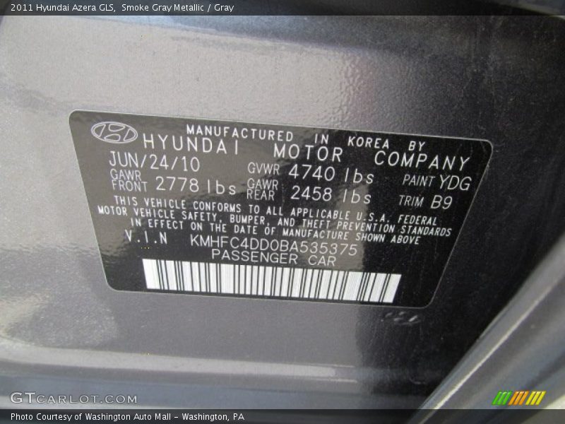 Smoke Gray Metallic / Gray 2011 Hyundai Azera GLS