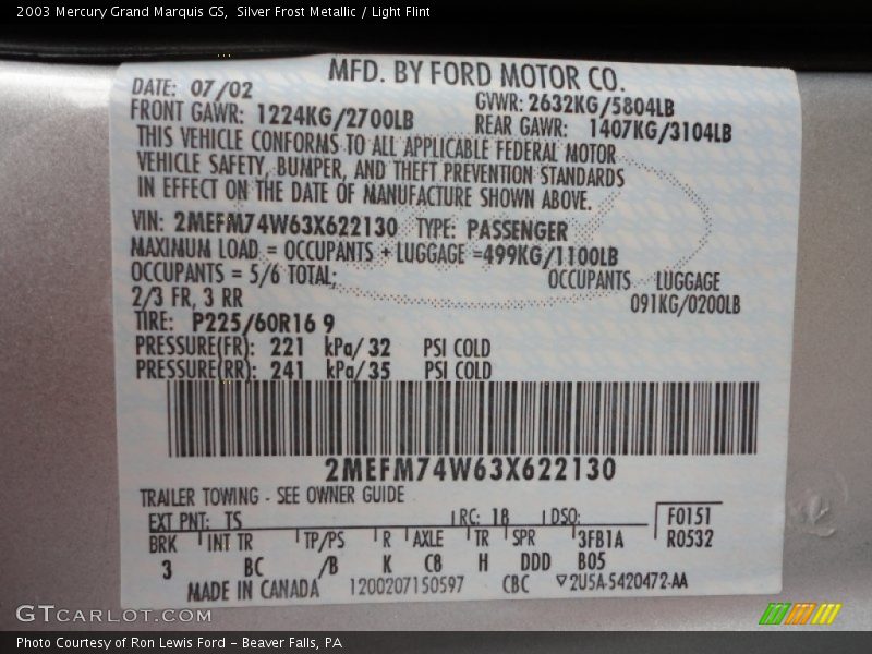 2003 Grand Marquis GS Silver Frost Metallic Color Code TS