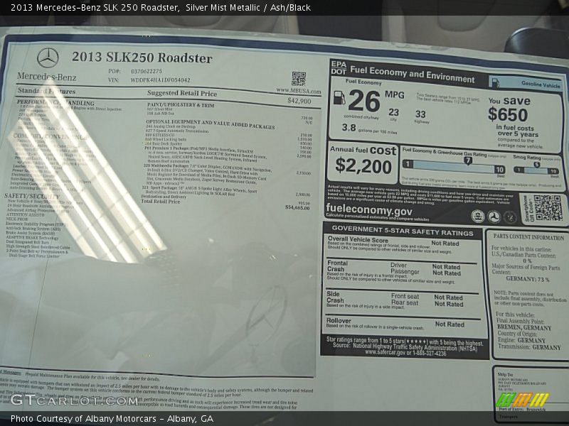 Silver Mist Metallic / Ash/Black 2013 Mercedes-Benz SLK 250 Roadster