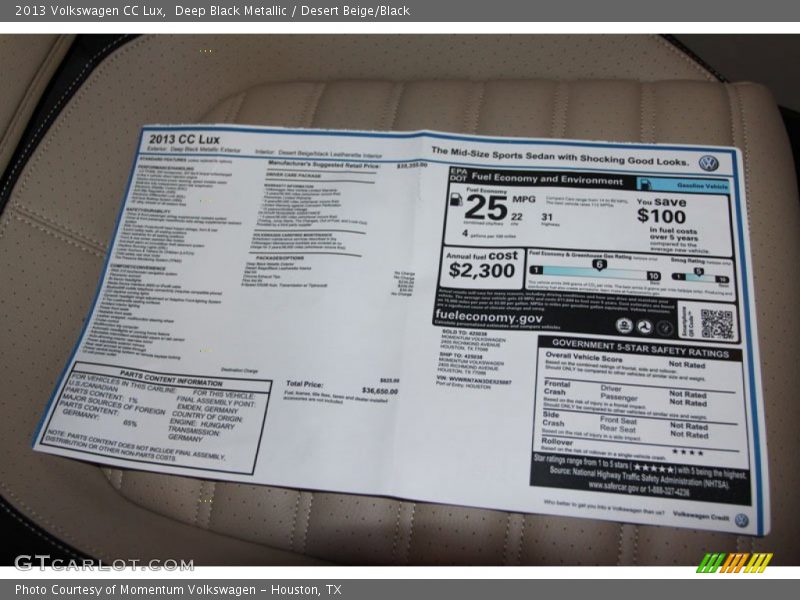 Deep Black Metallic / Desert Beige/Black 2013 Volkswagen CC Lux