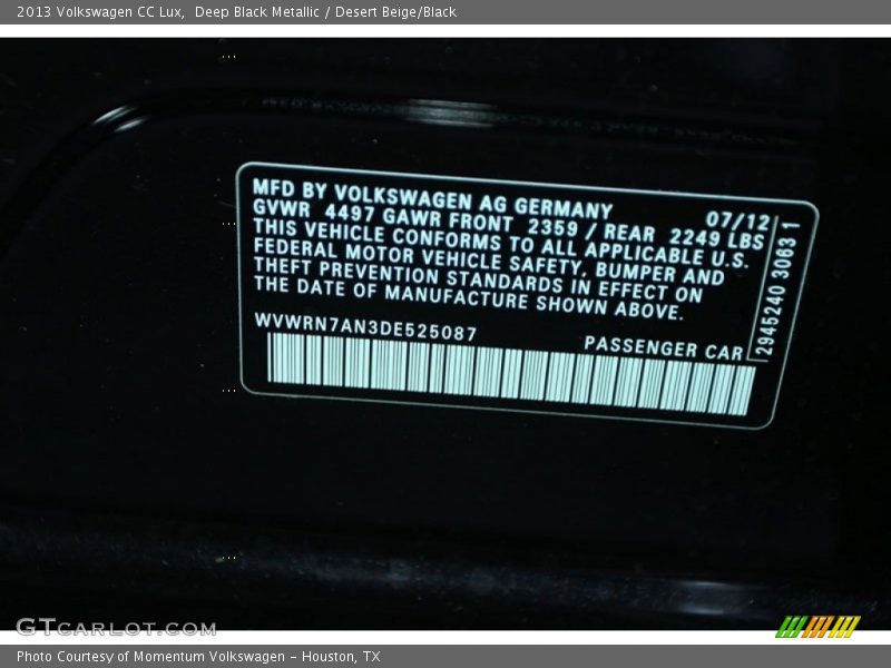 Deep Black Metallic / Desert Beige/Black 2013 Volkswagen CC Lux