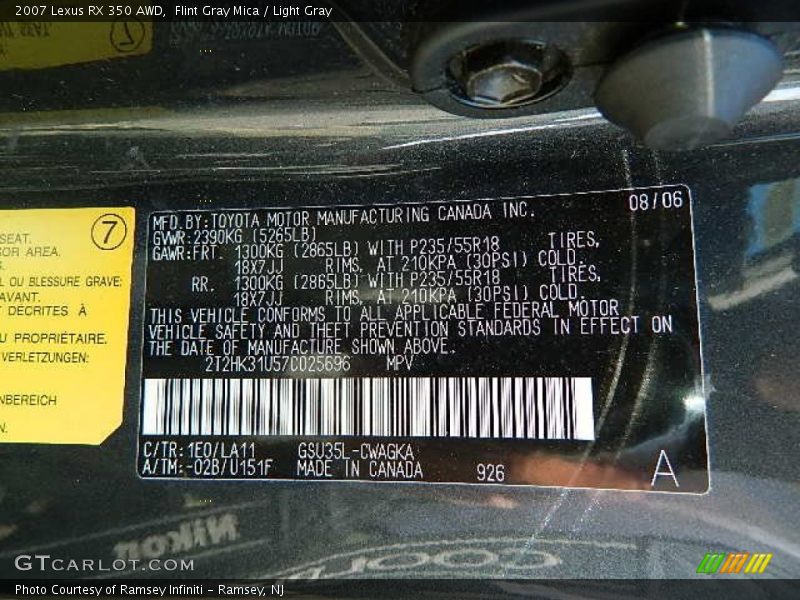 2007 RX 350 AWD Flint Gray Mica Color Code 1E0