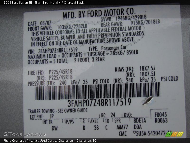 Silver Birch Metallic / Charcoal Black 2008 Ford Fusion SE