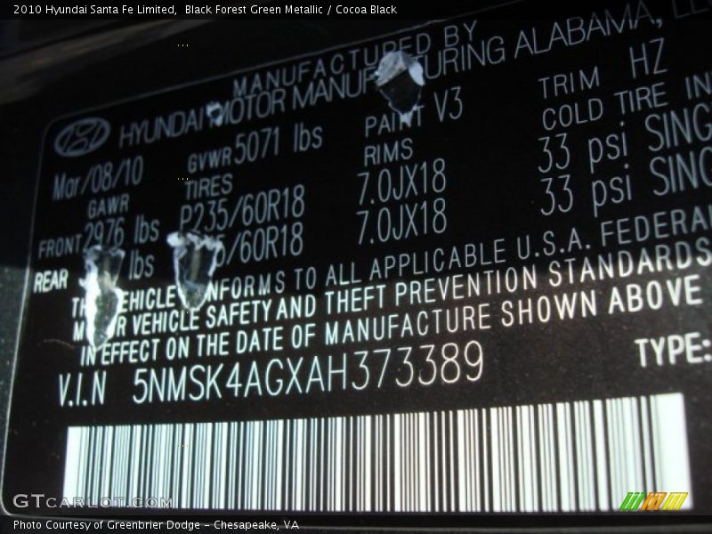 Black Forest Green Metallic / Cocoa Black 2010 Hyundai Santa Fe Limited