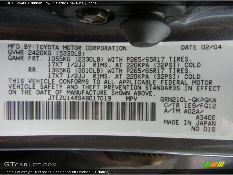 Galactic Gray Mica / Stone 2004 Toyota 4Runner SR5