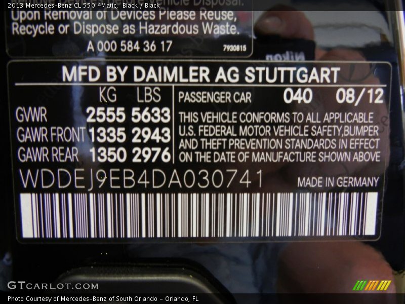2013 CL 550 4Matic Black Color Code 040