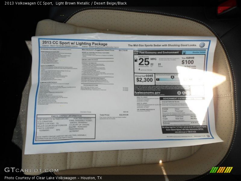 Light Brown Metallic / Desert Beige/Black 2013 Volkswagen CC Sport