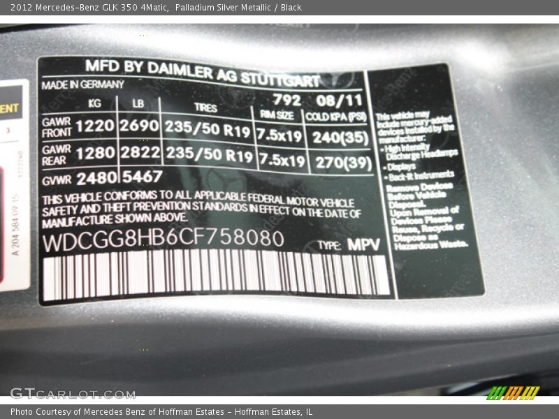 Palladium Silver Metallic / Black 2012 Mercedes-Benz GLK 350 4Matic